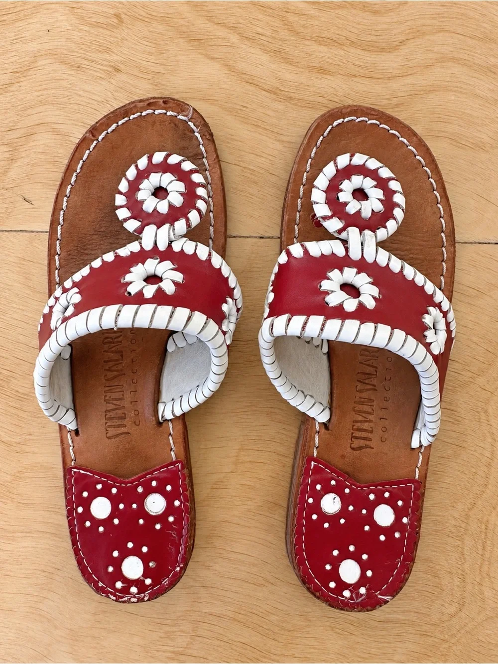 Steven Salario Red White Leather Floral Thong Sandals Vintage Preppy Resort